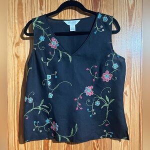 Vintage Allison Taylor 100% Linen Embroidered Floral Black Sleeveless Shell Cami